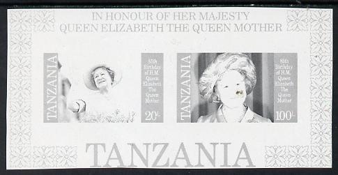 Tanzania 1985 Life & Times of HM Queen Mother m/sheet (containing SG 426 & 428) unmounted mint imperf colour proof in black only, stamps on , stamps on  stamps on royalty, stamps on  stamps on queen mother