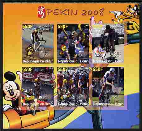 Benin 2007 Beijing Olympic Games - Cycling imperf sheetlet containing 6 values (Disney characters in background) unmounted mint. Note this item is privately produced and ..., stamps on sport, stamps on olympics, stamps on disney, stamps on bicycles
