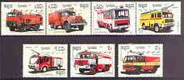 Kampuchea 1987 Fire Engines complete perf set of 7 unmounted mint, SG 854-60, stamps on fire