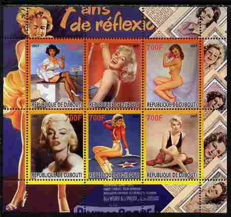 Djibouti 2007 Pin-ups (Marilyn Monroe) perf sheetlet containing 6 values unmounted mint. Note this item is privately produced and is offered purely on its thematic appeal, stamps on , stamps on  stamps on personalities, stamps on  stamps on women, stamps on  stamps on films, stamps on  stamps on cinema, stamps on  stamps on movies, stamps on  stamps on marilyn, stamps on  stamps on  monroe, stamps on  stamps on pin-ups