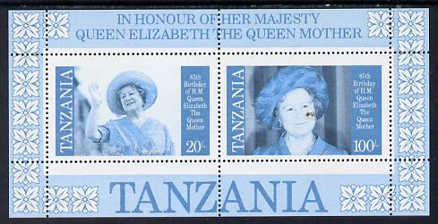 Tanzania 1985 Life & Times of HM Queen Mother m/sheet (containing SG 426 & 428) unmounted mint perforated colour proof in blue & black only, stamps on , stamps on  stamps on royalty, stamps on  stamps on queen mother