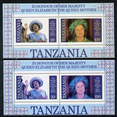 Tanzania 1985 Life & Times of HM Queen Mother m/sheet (containing SG 426 & 428) with yellow omitted plus normal unmounted mint, stamps on , stamps on  stamps on royalty, stamps on  stamps on queen mother