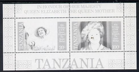 Tanzania 1985 Life & Times of HM Queen Mother m/sheet (containing SG 426 & 428) unmounted mint perforated colour proof in black only, stamps on , stamps on  stamps on royalty, stamps on  stamps on queen mother