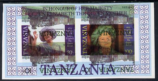 Tanzania 1985 Life & Times of HM Queen Mother m/sheet (containing SG 426 & 428) unmounted mint imperf additionally printed with Trains issue inverted, most unusual & spec..., stamps on railways     royalty      queen mother, stamps on big locos