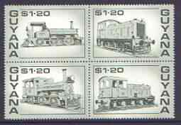 Guyana 1987 Railways $1.20 bronze-green se-tenant block of 4 unmounted mint, SG 2194a, stamps on , stamps on  stamps on railways