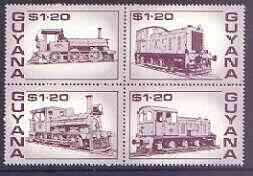 Guyana 1987 Railways $1.20 maroon se-tenant block of 4 unmounted mint, SG 2198a, stamps on railways
