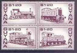 Guyana 1987 Railways $1.20 maroon se-tenant block of 4 unmounted mint, SG 2198a, stamps on , stamps on  stamps on railways