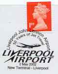 Postmark - Great Britain 2002 cover commemorating 50 years of Jet Travel at Liverpool John Lennon Airport with illustrated cancel, stamps on aviation, stamps on airports, stamps on beatles