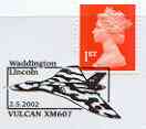 Postmark - Great Britain 2002 cover with Waddington, Lincoln cancel illustrated with Vulcan XM607, stamps on aviation, stamps on vulcan