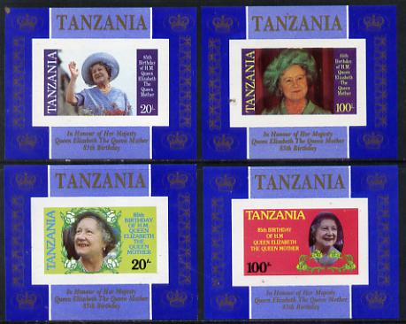 Tanzania 1985 Life & Times of HM Queen Mother unissued set of 4 unmounted mint deluxe sheetlets (one stamp per sheetlet) imperforate, unlisted by SG, stamps on , stamps on  stamps on royalty, stamps on  stamps on queen mother