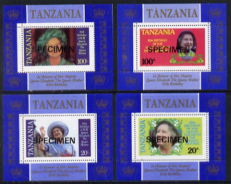 Tanzania 1985 Life & Times of HM Queen Mother unissued set of 4 unmounted mint perf deluxe sheetlets (one stamp per sheetlet) optd SPECIMEN, stamps on royalty, stamps on queen mother