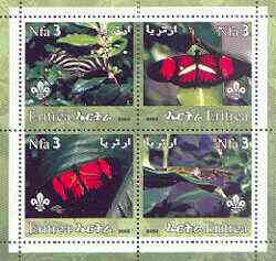 Eritrea 2002 Butterfliess #01 perf sheetlet containing set of 4 values with Scout Logo unmounted mint, stamps on , stamps on  stamps on butterflies, stamps on  stamps on scouts