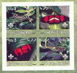 Eritrea 2002 Butterfliess #01 imperf sheetlet containing set of 4 values with Scout Logo unmounted mint, stamps on butterflies, stamps on scouts