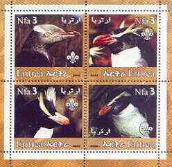 Eritrea 2002 Penguins #01 perf sheetlet containing set of 4 values with Scout Logo unmounted mint, stamps on , stamps on  stamps on birds, stamps on  stamps on penguins, stamps on  stamps on polar, stamps on  stamps on scouts