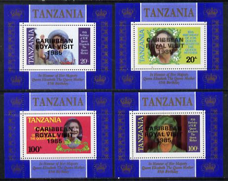 Tanzania 1985 Life & Times of HM Queen Mother unissued set of 4 unmounted mint perforated deluxe sheetlets (one stamp per sheetlet) opt'd 'Caribbean Royal Visit 1985', stamps on , stamps on  stamps on royalty, stamps on royal visit , stamps on queen mother