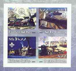 Eritrea 2002 Steam Locos #01 imperf sheetlet containing set of 4 values with Scout Logo unmounted mint, stamps on railways, stamps on bridges, stamps on scouts