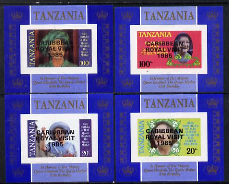 Tanzania 1985 Life & Times of HM Queen Mother unissued set of 4 unmounted mint imperf deluxe sheetlets (one stamp per sheetlet) opt'd 'Caribbean Royal Visit 1985', stamps on , stamps on  stamps on royalty, stamps on royal visit , stamps on queen mother