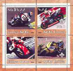 Eritrea 2002 Motorcycles #01 perf sheetlet containing set of 4 values with Scout Logo unmounted mint, stamps on , stamps on  stamps on motorbikes, stamps on  stamps on scouts