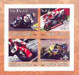 Eritrea 2002 Motorcycles #01 imperf sheetlet containing set of 4 values with Scout Logo unmounted mint, stamps on , stamps on  stamps on motorbikes, stamps on  stamps on scouts