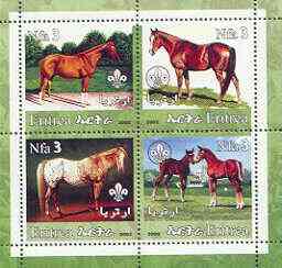 Eritrea 2002 Horses #01 perf sheetlet containing set of 4 values with Scout Logo unmounted mint, stamps on , stamps on  stamps on horses, stamps on  stamps on scouts