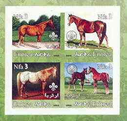 Eritrea 2002 Horses #01 imperf sheetlet containing set of 4 values with Scout Logo unmounted mint, stamps on , stamps on  stamps on horses, stamps on  stamps on scouts