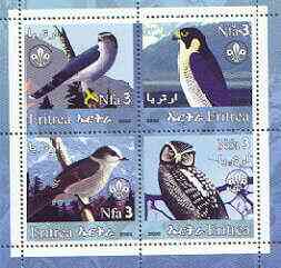 Eritrea 2002 Birds #01 perf sheetlet containing set of 4 values with Scout Logo unmounted mint, stamps on , stamps on  stamps on birds, stamps on  stamps on birds of prey, stamps on  stamps on owls, stamps on  stamps on scouts