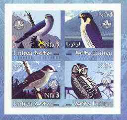 Eritrea 2002 Birds #01 imperf sheetlet containing set of 4 values with Scout Logo unmounted mint, stamps on , stamps on  stamps on birds, stamps on  stamps on birds of prey, stamps on  stamps on owls, stamps on  stamps on scouts