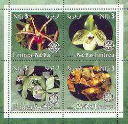 Eritrea 2002 Orchids #02 perf sheetlet containing set of 4 values with Rotary Logo unmounted mint, stamps on , stamps on  stamps on orchids, stamps on  stamps on flowers, stamps on  stamps on rotary