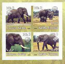 Eritrea 2002 Elephants #01 imperf sheetlet containing set of 4 values with Scout Logo unmounted mint, stamps on animals, stamps on elephants, stamps on scouts