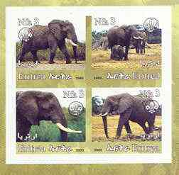 Eritrea 2002 Elephants #01 imperf sheetlet containing set of 4 values with Scout Logo unmounted mint, stamps on , stamps on  stamps on animals, stamps on  stamps on elephants, stamps on  stamps on scouts