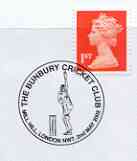 Postmark - Great Britain 2002 cover with Bunbury Cricket Club cancel illustrated with a bowler, stamps on cricket, stamps on sport