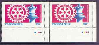 Tanzania 1986 World Chess/Rotary 20s unmounted mint marginal single with yellow omitted plus matched normal (SG 461var)*, stamps on chess, stamps on rotary
