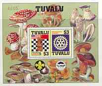 Tuvalu 1986 Events perf m/sheet showing Chess, Rotary, Scout Anniversary with decoative border (Fungi) and numbered, unmounted mint as SG MS 376, stamps on , stamps on  stamps on chess, stamps on  stamps on rotary, stamps on  stamps on scouts, stamps on  stamps on fungi