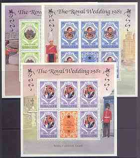 Sierra Leone 1981 Royal Wedding (2nd Issue) perf 12 set of 3 each in sheetlets of 5 plus label unmounted mint, SG 671-73, stamps on , stamps on  stamps on royalty, stamps on  stamps on charles, stamps on  stamps on diana, stamps on  stamps on militaria