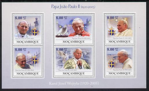 Mozambique 2009 Pope John Paul II perf sheetlet containing 6 values unmounted mint, stamps on , stamps on  stamps on personalities, stamps on  stamps on pope, stamps on  stamps on religion, stamps on  stamps on popes