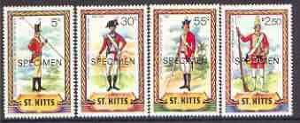 St Kitts 1981 Military Uniforms (1st series) perf set of 4 optd SPECIMEN unmounted mint, as SG 71-74, stamps on ships, stamps on military uniforms