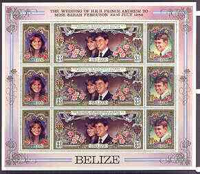 Belize 1986 Royal Wedding perf sheetlet of 9 containing 3 se-tenant strips of 3 unmounted mint, as SG 941a, stamps on , stamps on  stamps on royalty, stamps on  stamps on andrew, stamps on  stamps on fergie, stamps on  stamps on roses