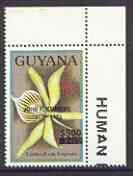 Guyana 1990 (?) John F Kennedy opt'd & surcharged $500 on $25.00 orchid (Epidendrum f) from World Personalities overprints, unmounted mint as SG type 465, stamps on personalities, stamps on orchids, stamps on flowers, stamps on constitutions, stamps on americana, stamps on presidents, stamps on kennedy