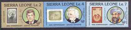 Sierra Leone 1985 40th Anniversary of United Nations Organisation perf set of 3 unmounted mint, SG 918-20, stamps on einstein, stamps on science, stamps on atomics, stamps on physics, stamps on united nations, stamps on stamp on stamp, stamps on kennedy, stamps on human rights, stamps on medical, stamps on judaica, stamps on nobel, stamps on stamponstamp, stamps on personalities, stamps on einstein, stamps on science, stamps on physics, stamps on nobel, stamps on maths, stamps on space, stamps on judaica, stamps on atomics