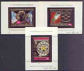 Equatorial Guinea 1973 500th Birth Anniversary of Copernicus perf set of 3 sheetlets in gold with white background, unmounted mint, Mi BL99-101, stamps on space, stamps on personalities, stamps on science, stamps on maths, stamps on copernicus, stamps on astronomy