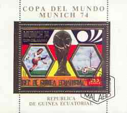 Equatorial Guinea 1974 Football World Cup perf sheetlet #2 containing 250E val in gold with white background, fine cto used, stamps on , stamps on  stamps on football, stamps on  stamps on sport