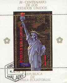 Equatorial Guinea 1975 USA Bicentenary perf sheetlet #1 containing 200E val (Statue of Liberty) in gold with white background, fine cto used, Mi BL178, stamps on , stamps on  stamps on americana, stamps on  stamps on monuments, stamps on  stamps on liberty, stamps on  stamps on statues, stamps on  stamps on civil engineering