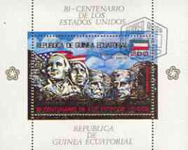 Equatorial Guinea 1975 USA Bicentenary perf sheetlet #2 containing 200E val (Mount Rushmore) in gold with white background, fine cto used, Mi BL179, stamps on , stamps on  stamps on americana, stamps on  stamps on presidents, stamps on  stamps on mountains, stamps on  stamps on heritage