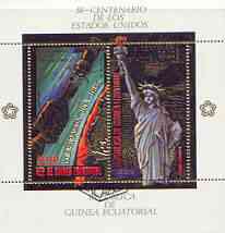 Equatorial Guinea 1975 USA Bicentenary perf s/sheet containing 2 vals in gold with white background, fine cto used, Mi BL180, stamps on , stamps on  stamps on americana, stamps on  stamps on monuments, stamps on  stamps on liberty, stamps on  stamps on statues, stamps on  stamps on civil engineering, stamps on  stamps on space, stamps on  stamps on soyuz, stamps on  stamps on apollo