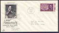 United States 1947 Birth Centenary of Joseph Pulitzer (journalist, newspaper publisher & originator of Pulitzer Prize) on illustrated cover with first day cancel, SG 943, stamps on literature, stamps on newspapers, stamps on nobel