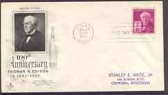 United States 1947 Birth Centenary of Thomas A Edison (scientist) on illustrated cover with first day cancel, SG 942, stamps on , stamps on  stamps on personalities, stamps on  stamps on science, stamps on  stamps on inventors