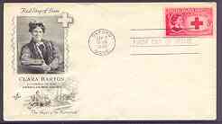 United States 1948 Honouring Clara Barton (founder of US Red Cross) on illustrated cover with first day cancel, SG 964, stamps on personalities, stamps on women, stamps on red cross