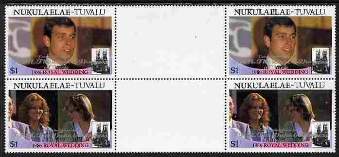 Tuvalu - Nukulaelae 1986 Royal Wedding (Andrew & Fergie) $1 with Congratulations opt in silver in unissued perf inter-paneau block of 4 (2 se-tenant pairs) unmounted mint..., stamps on royalty, stamps on andrew, stamps on fergie, stamps on 