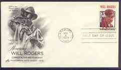 United States 1979 Performing Arts - Will Rogers (actor & author) on illustrated cover with first day cancel, SG 1773, stamps on films, stamps on entertainments, stamps on movies, stamps on literature, stamps on personalities