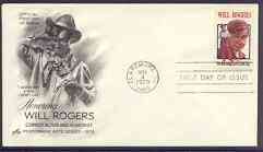 United States 1979 Performing Arts - Will Rogers (actor & author) on illustrated cover with first day cancel, SG 1773, stamps on , stamps on  stamps on films, stamps on  stamps on entertainments, stamps on  stamps on movies, stamps on  stamps on literature, stamps on  stamps on personalities